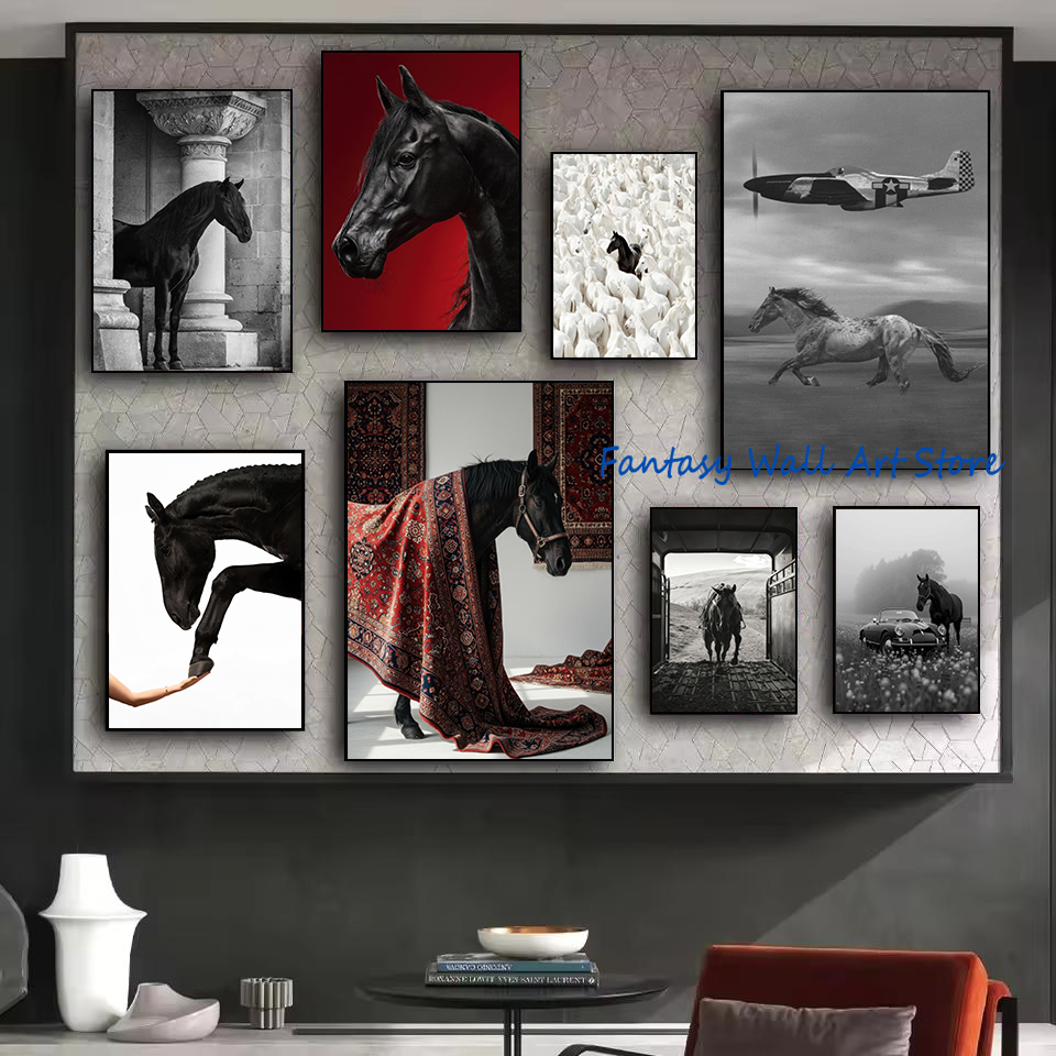Luxury Lifestyle Photos - Zwart paard foto's vintage luxe muurkunst